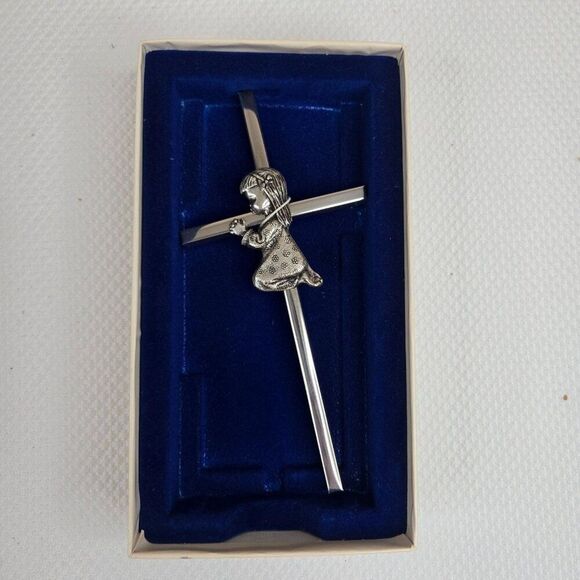 Vintage Silver Cross Praying Girl Wall Hanging Religious 6" Catholic First Commu - Picture 1 of 5